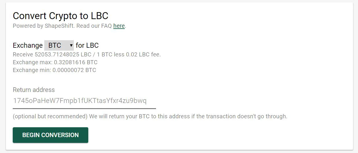 Convert Crypto to LBC