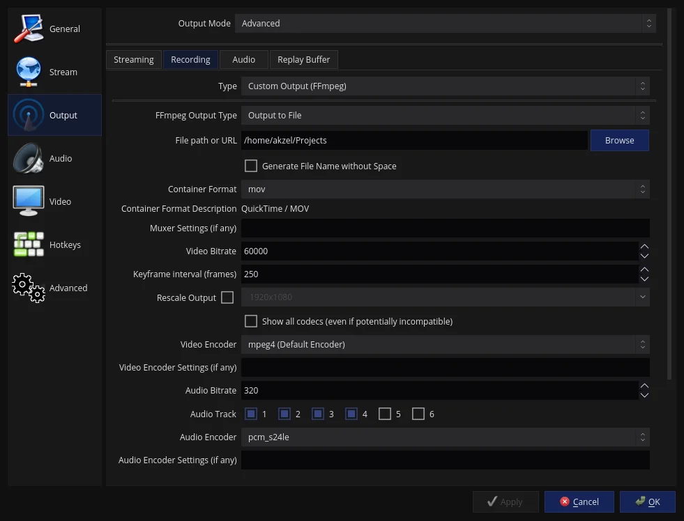 OBS Studio settings for use with DaVinci Resolve